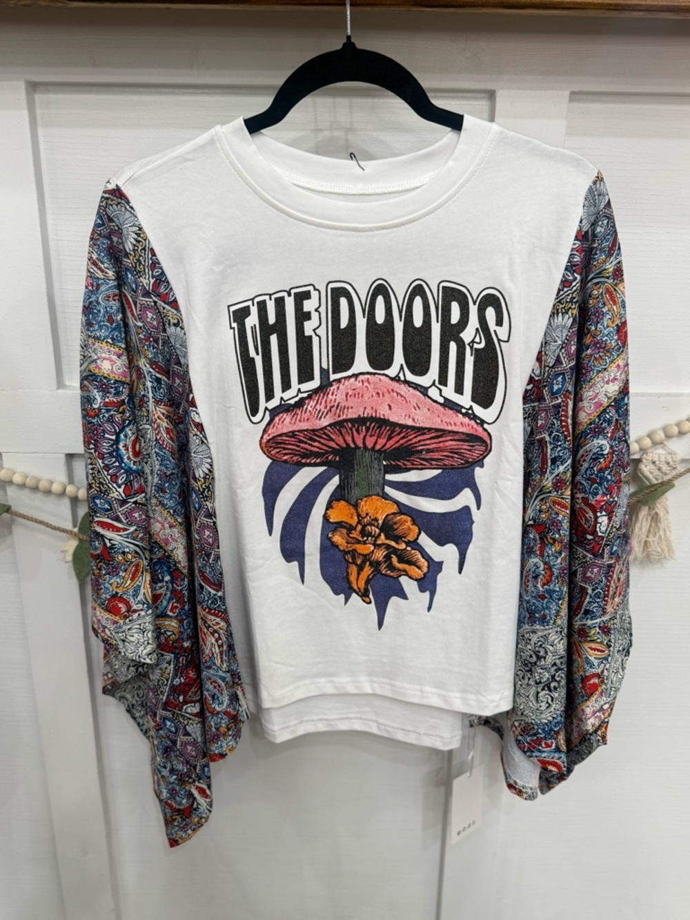The Doors Graphic Tee with Paisley Sleeve Kimono - White, Pink, Blue